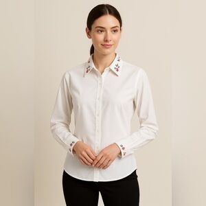 Geiger Austria White Embroidered Blouse Cotton Sz 44 Floral Accents Cottage core